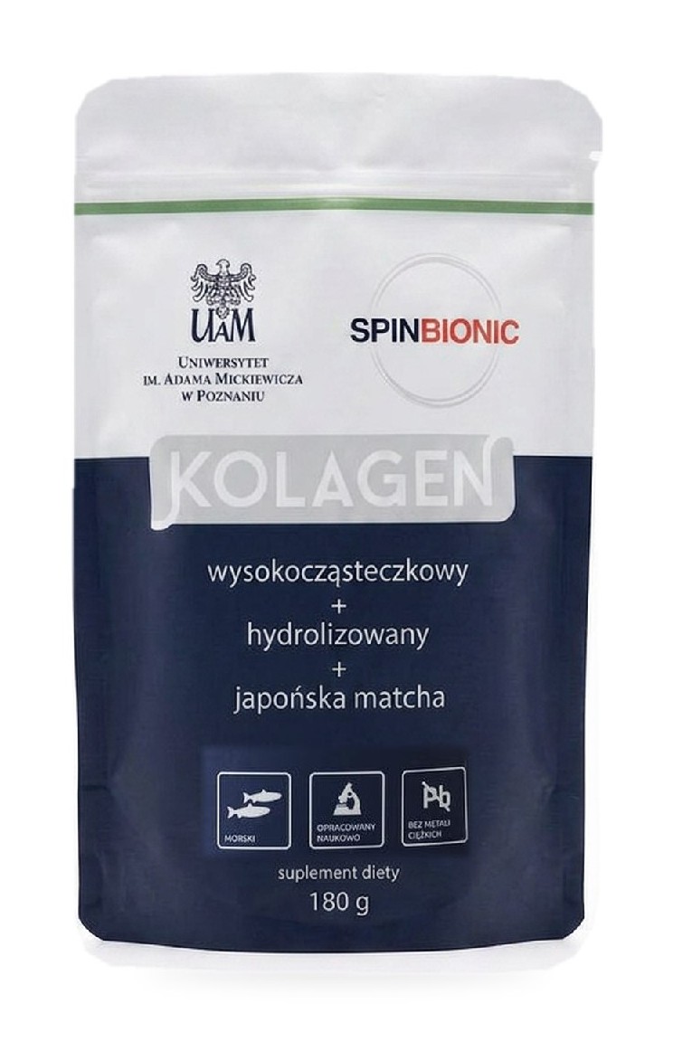 Opakowanie Kolagen SpinBionic Matcha 180 g, suplement diety w proszku, granatowo-biała saszetka z logo UAM